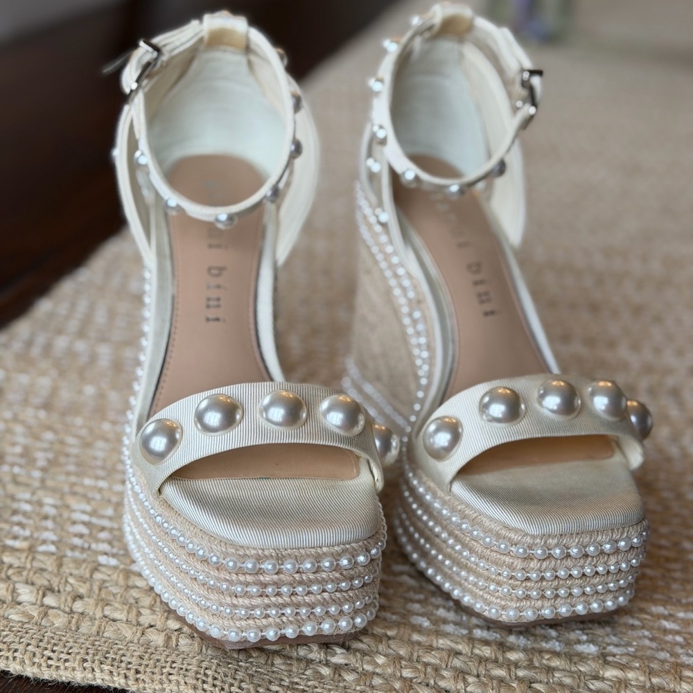 Gianni Bini Ivory Pearl-Embellished Wedge Sandals - Picture 3 of 6